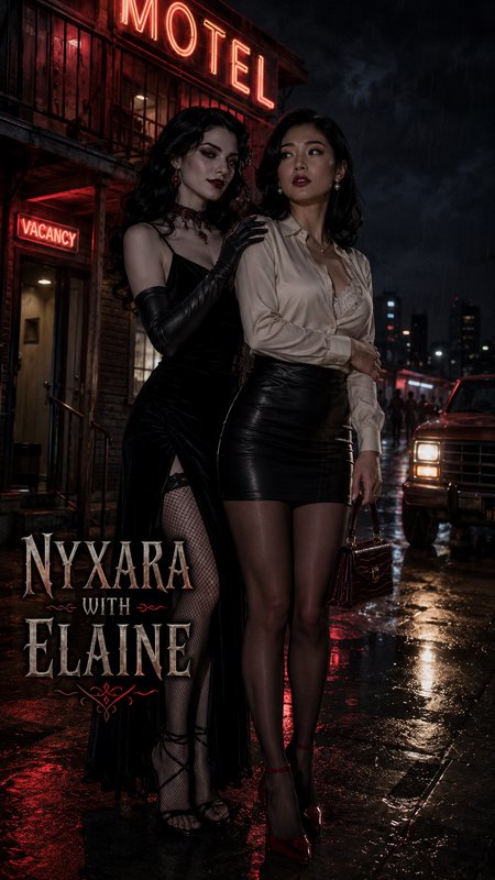 Two glamorous women stand outside a red neon lit roadside motel on a rainy night, title overlay reads Nyxara with Elaine