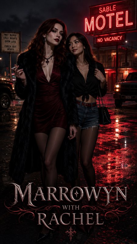 Dark fantasy book cover of two stylish women standing on a rain-soaked night street under glowing red Sable Motel neon