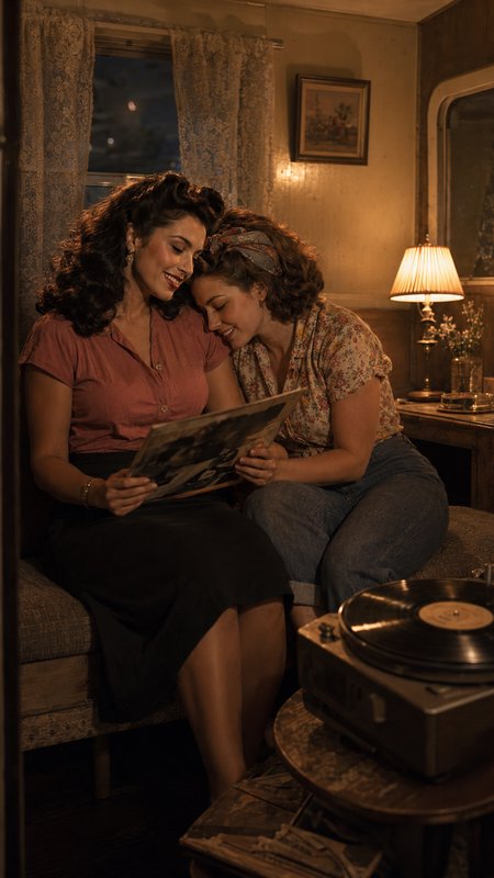 Two 1940s-styled women sit closely smiling, browsing a vinyl record together in a warm cozy lamplit vintage home.