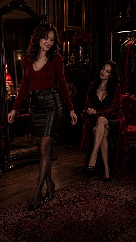 Two elegant women in burgundy and black attire, one standing one seated, in a dim luxury vintage dressing room.