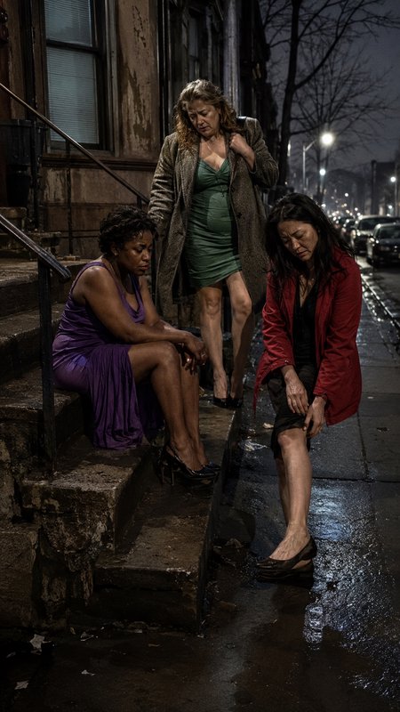 Three weary, distressed women gather on a wet brownstone city stoop on a dark rainy night.