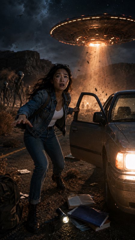 [Terrified woman flees her broken down car as a glowing UFO hovers overhead, grey aliens approaching on a dark desert nigh...