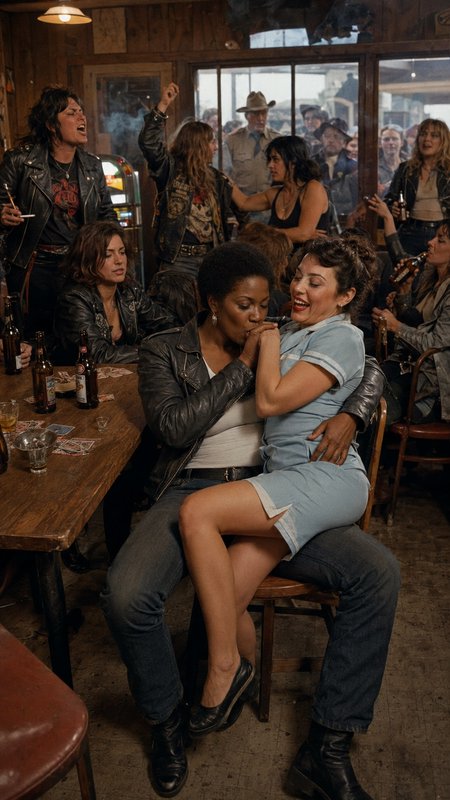 [Cinematic vintage dive bar scene, playful affectionate pair in foreground as rowdy crowd parties in wood-paneled tavern]