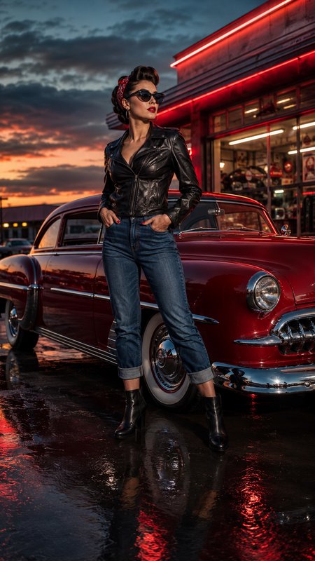 Rockabilly pinup woman leaning on glossy red vintage classic car outside a neon-lit diner at dramatic sunset