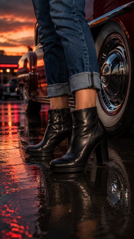 Close-up of black block-heel leather ankle boots on wet pavement, beside a vintage red car under a fiery orange sunset.