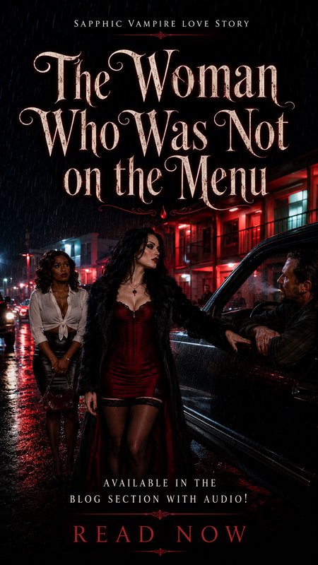 Book cover for sapphic vampire story *The Woman Who Was Not on the Menu*, featuring a rainy red-lit night street scene.