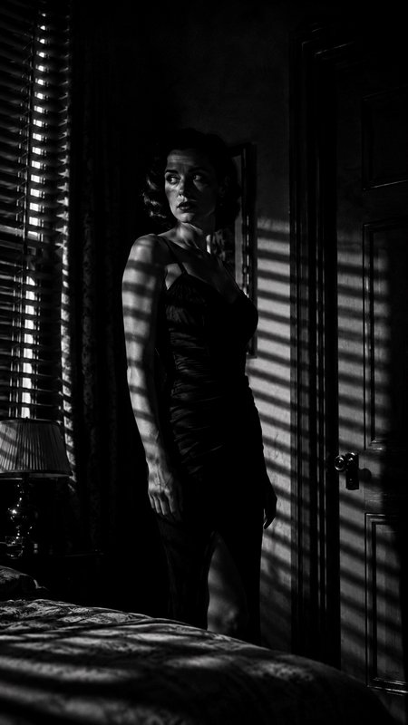 Black and white film noir portrait of a woman in a slip dress, window blind striped shadows falling across her in a dark b...