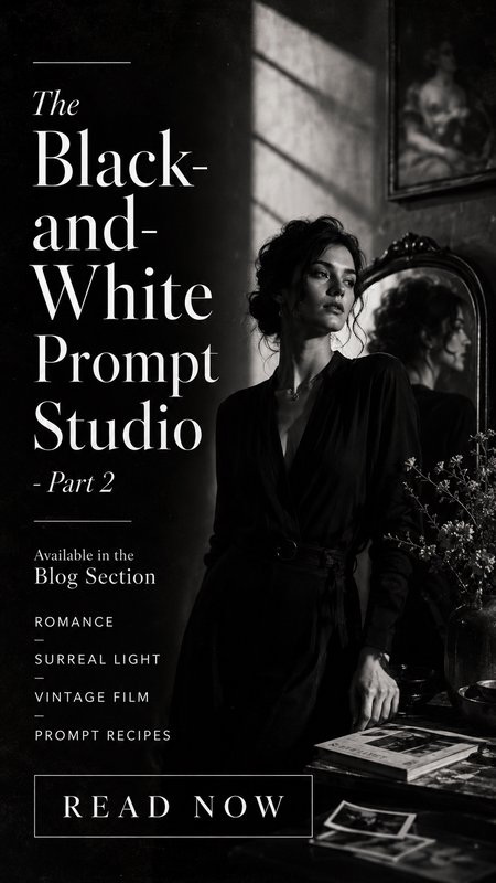 [Monochrome promotional graphic for The Black-and-White Prompt Studio blog, featuring an elegant woman in a moody vintage ...