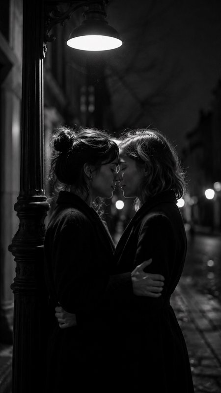 [Black and white photo of a couple embracing forehead-to-forehead under a glowing vintage streetlamp on a quiet night city...