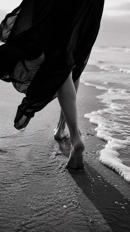 Monochrome closeup of a woman in a flowing black dress walking barefoot along a wet sandy beach next to gentle foamy ocean...