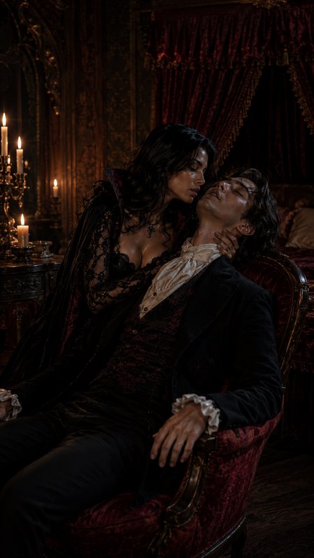 Gothic female vampire leans over a reclining aristocratic man in a dark, candlelit ornate Victorian bedchamber