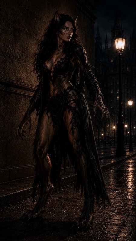 [Menacing partially transformed female werewolf stands on a rain-slick cobblestone Victorian street at dark night, lit by ...