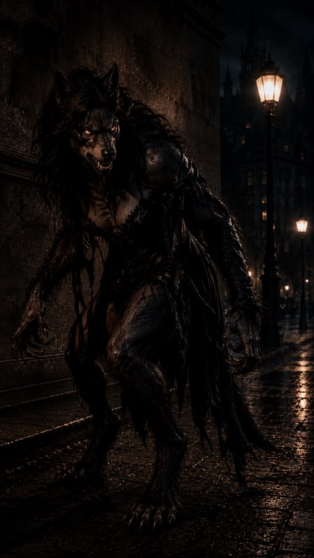 [Menacing female werewolf crouches on a wet cobblestone Victorian city street at night beside glowing vintage street lamps]