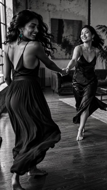 Two smiling women in flowing slip dresses hold hands dancing barefoot in a sunlit loft, black and white.