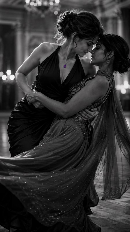Two women in formal gowns share an intimate slow dance in a grand ballroom, with only a purple amethyst necklace as a colo...