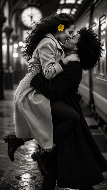 Joyful queer couple share a kiss as one lifts the other on a vintage train platform, with a single yellow flower as the on...