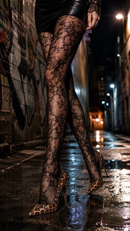 Low angle shot of woman's legs in black lace tights and leopard stilettos standing on a wet graffiti alley at night.