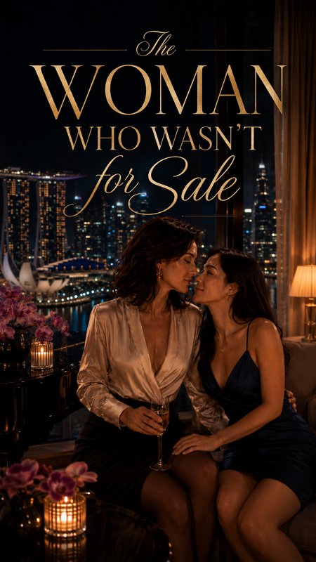 Book cover for "The Woman Who Wasn't for Sale" featuring an affectionate sapphic couple overlooking the lit Singapore