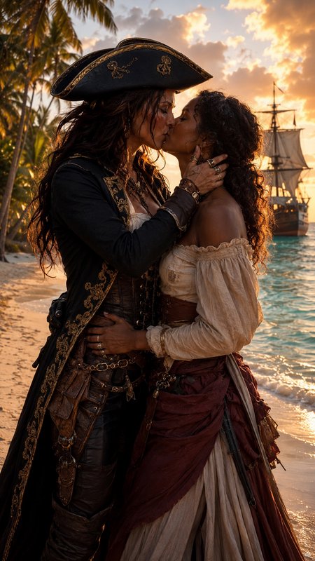Two women in period pirate attire share a tender kiss on a tropical beach at golden sunset, with a tall sailing ship