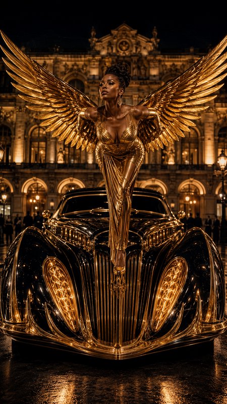 Gilded winged woman in gold gown perched on ornate black-gold vintage car, lit baroque palace night background