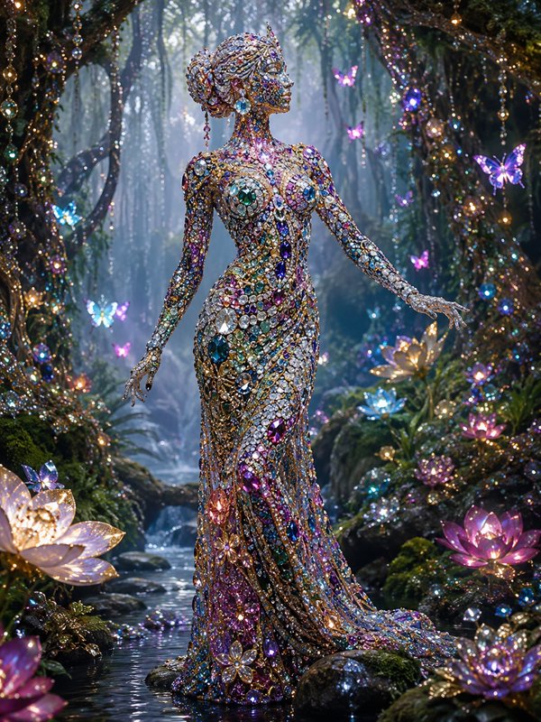 Gem-encrusted ethereal goddess stands in a misty enchanted forest surrounded by glowing crystal lotuses and jewel