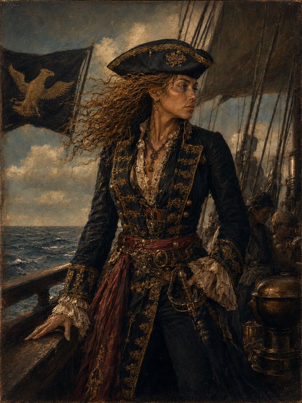 Detailed oil portrait of a formidable female pirate captain standing on the deck of her tall sailing ship at sea