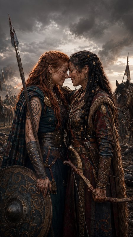 Two tender armored Viking shieldmaidens touch foreheads on a stormy post-battle battlefield, holding medieval weapons.
