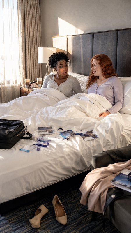 Two women conversing while sitting up in a sunlit hotel bed, surrounded by conference materials and travel belongings
