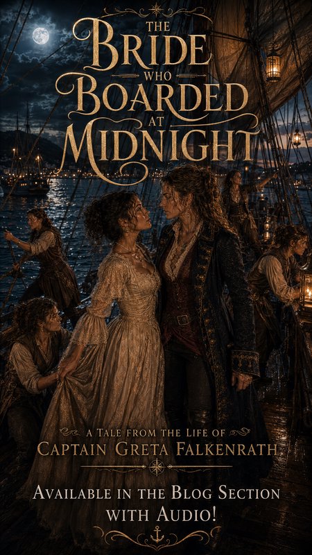 The Bride Who Boarded at Midnight book cover, couple standing face to face on a moonlit pirate ship deck at night