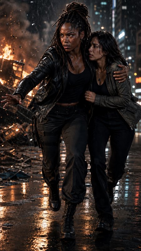 Two women flee burning urban wreckage on a rainy night city street, one supporting her distressed companion in a tense