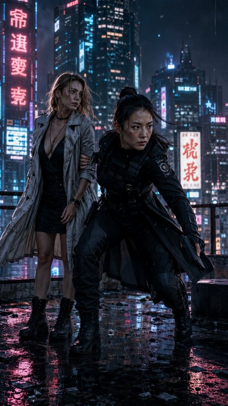 Armed tactical woman defends her companion on a rain-soaked neon-lit cyberpunk city rooftop at night