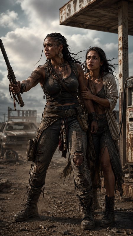 Two post-apocalyptic survivor women stand guard at a ruined gas station, one holding a defensive makeshift weapon shieldin...
