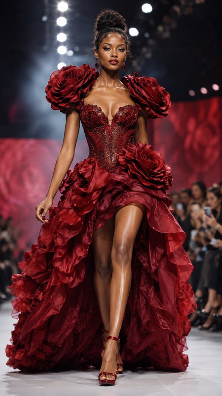 Runway model walks fashion week catwalk wearing dramatic deep red 3D rose embellished high-low couture gown