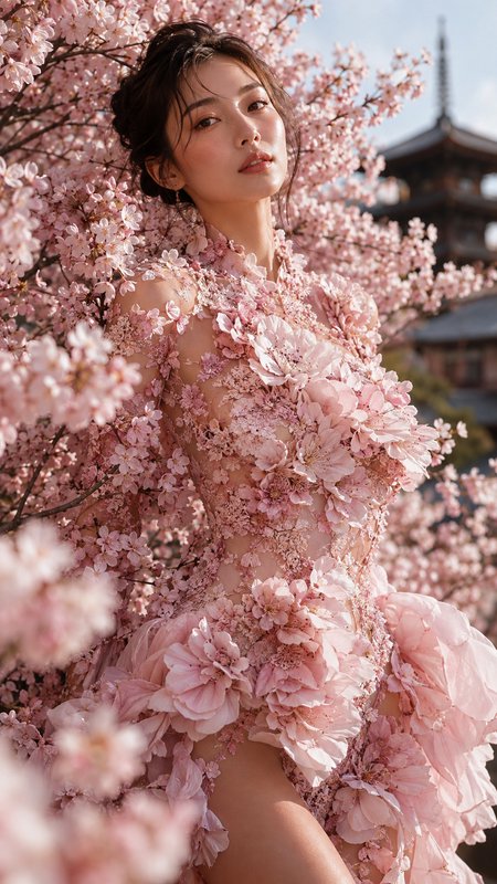 Elegant East Asian woman in a 3D cherry blossom gown poses amid blooming sakura, with a traditional Japanese pagoda in