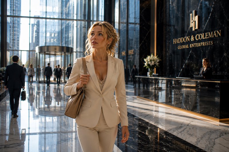 Confident blonde businesswoman in a cream suit walks through a sunlit luxury corporate skyscraper lobby