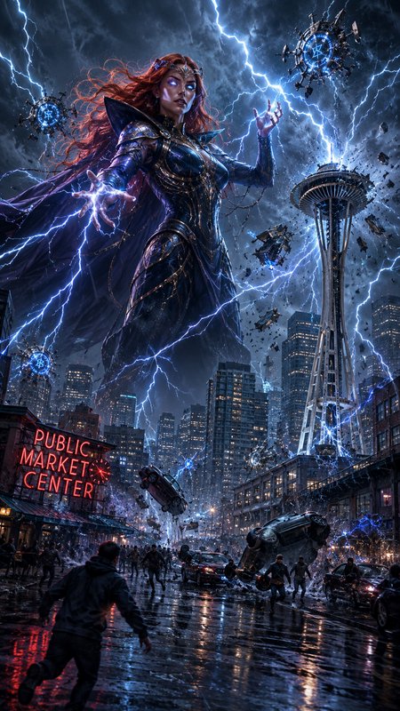 Giant armored red-haired thunder sorceress unleashes lightning over a storm-wrecked downtown Seattle cityscape.