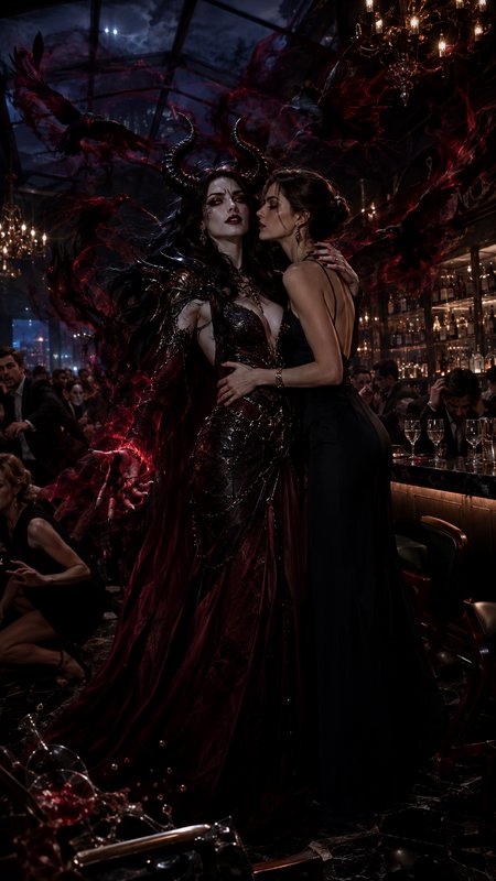 Powerful horned dark fantasy demon queen shares an intimate embrace with a woman in a backless gown at a moody upscale