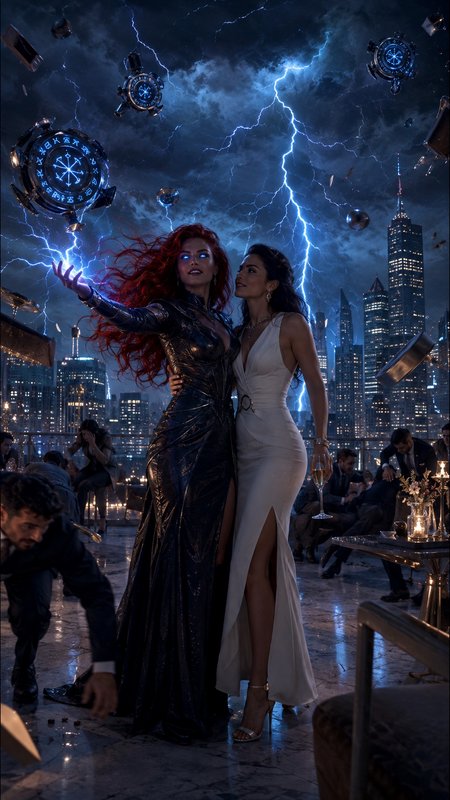 Red-haired glowing-eyed storm sorceress summons lightning beside her partner at a chaotic luxury rooftop gala under stormy...