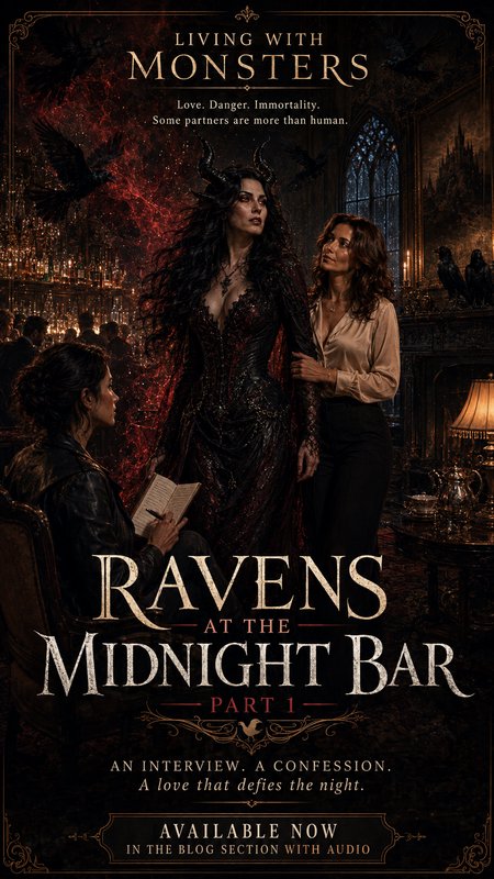 Dark fantasy book cover for Ravens at the Midnight Bar Part 1, showing a horned supernatural woman and companions in a