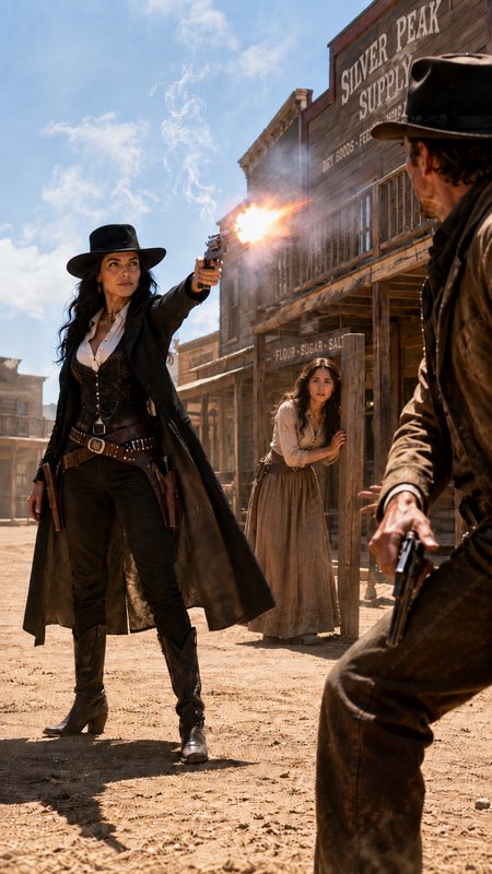 Female gunslinger fires a revolver during a tense wild west showdown on a dusty old western town street