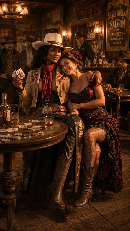 Two affectionate women sit at a poker table in a vintage Wild West saloon, one holding playing cards under warm golden
