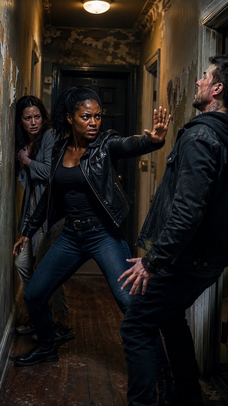 Determined woman stands in defensive stance blocking an aggressive man to protect a frightened woman in a run-down