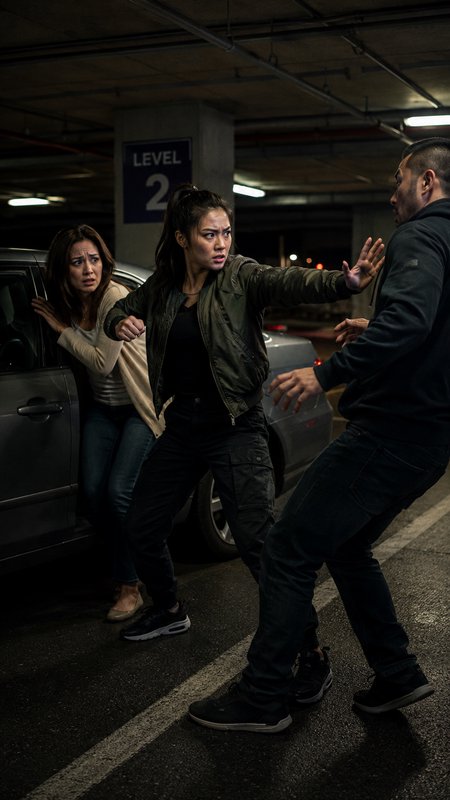 A female defender in a martial arts stance protects a scared woman from an attacker in a dim Level 2 underground parking