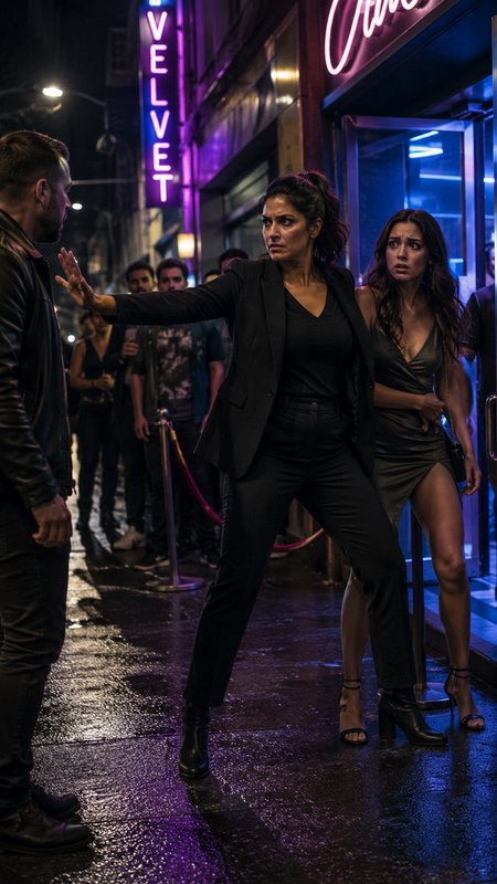 Female security guard blocks an aggressive man to protect a scared woman outside a neon nightclub on a wet night city street.