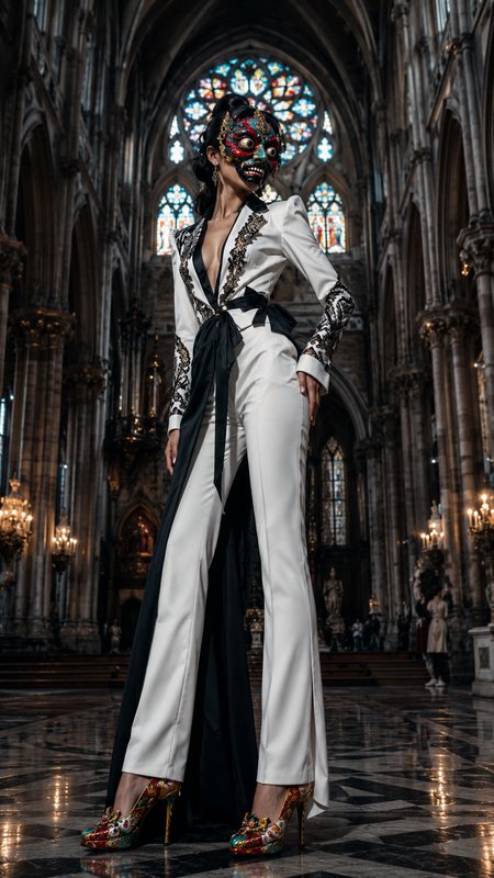 Model in ornate grotesque masquerade mask, white embroidered suit stands inside grand gothic cathedral with stained