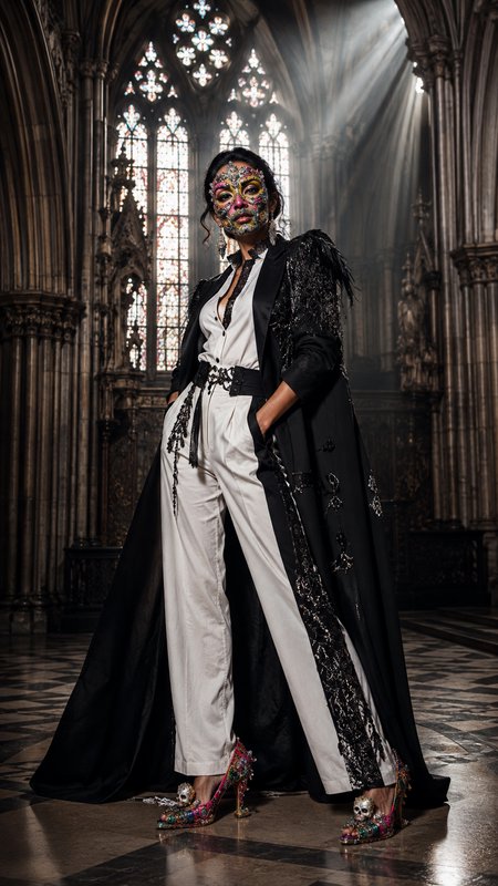 Model with jeweled Dia de los Muertos sugar skull face paint poses in a gothic cathedral wearing dramatic high fashion cou...