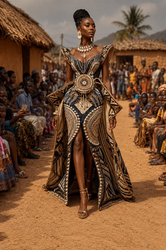 Poised model in ornate beaded African couture walks a dirt village runway, observed by seated community onlookers