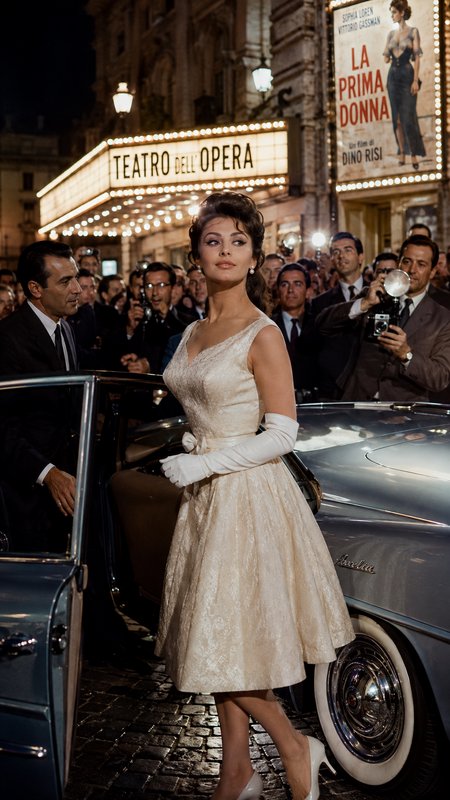 Glamorous 1950s movie star exits vintage car at Teatro dell'Opera premiere, surrounded by paparazzi on a cobblestone