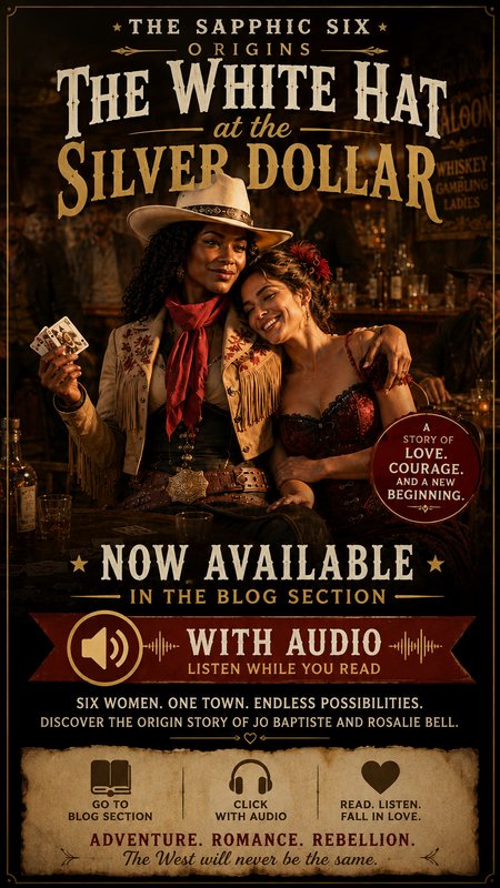 Promo poster for The White Hat at the Silver Dollar, featuring two affectionate sapphic women in an old west saloon