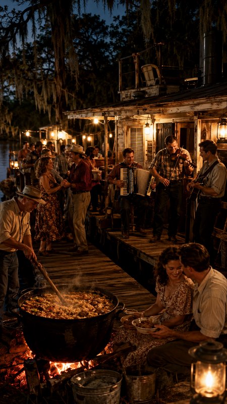Evening Cajun bayou cookout, live folk band performs as guests gather around a simmering jambalaya pot on a wooden